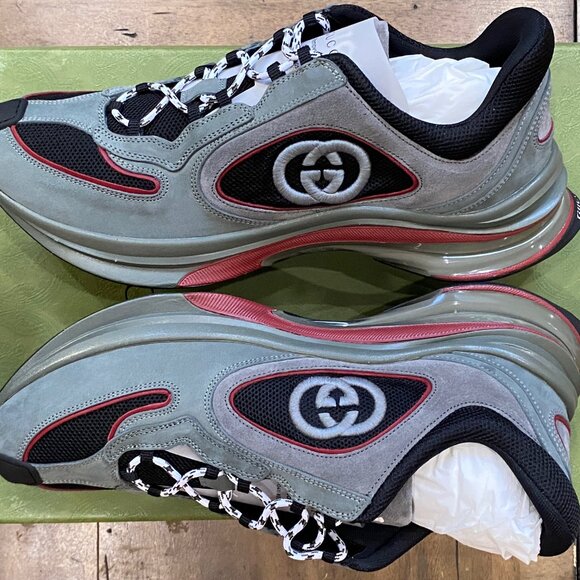 GUCCI RUN GG Interlocking G Suede Logo Sneakers | Grey /Red | Gucci 12 / US 12.5